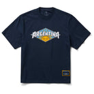 The Thrasher Magazine x Adidas AFA Tee Navy KX4543 features a chest graphic with "Argentina" above a yellow sun and blue sky, inspired by Argentina football, plus a small rectangular patch near the lower left hem.