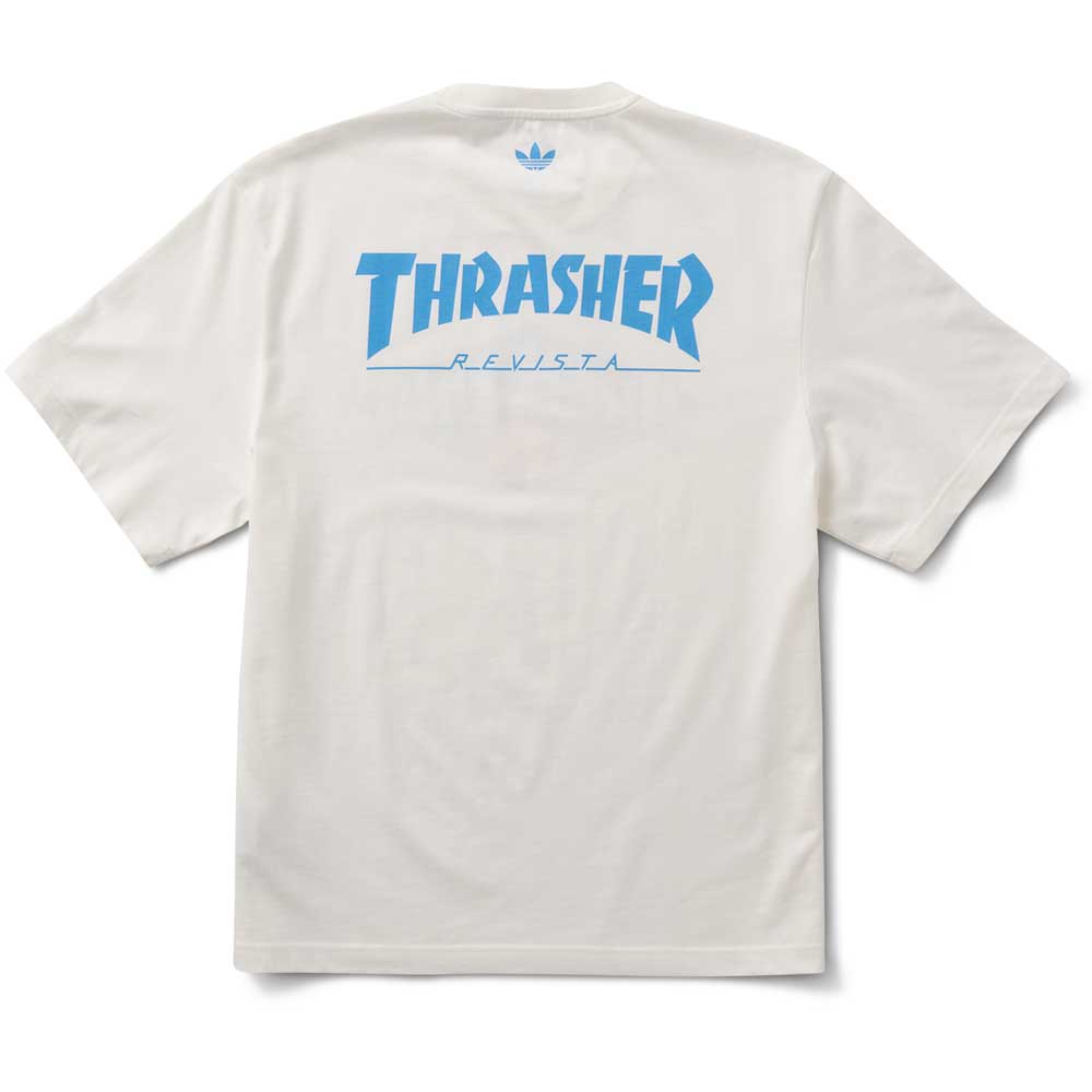 The Thrasher Magazine x Adidas AFA Tee White KX4544 features a blue THRASHER REVISTA graphic and an Adidas logo on the upper back, part of the Adidas Skateboarding collection.