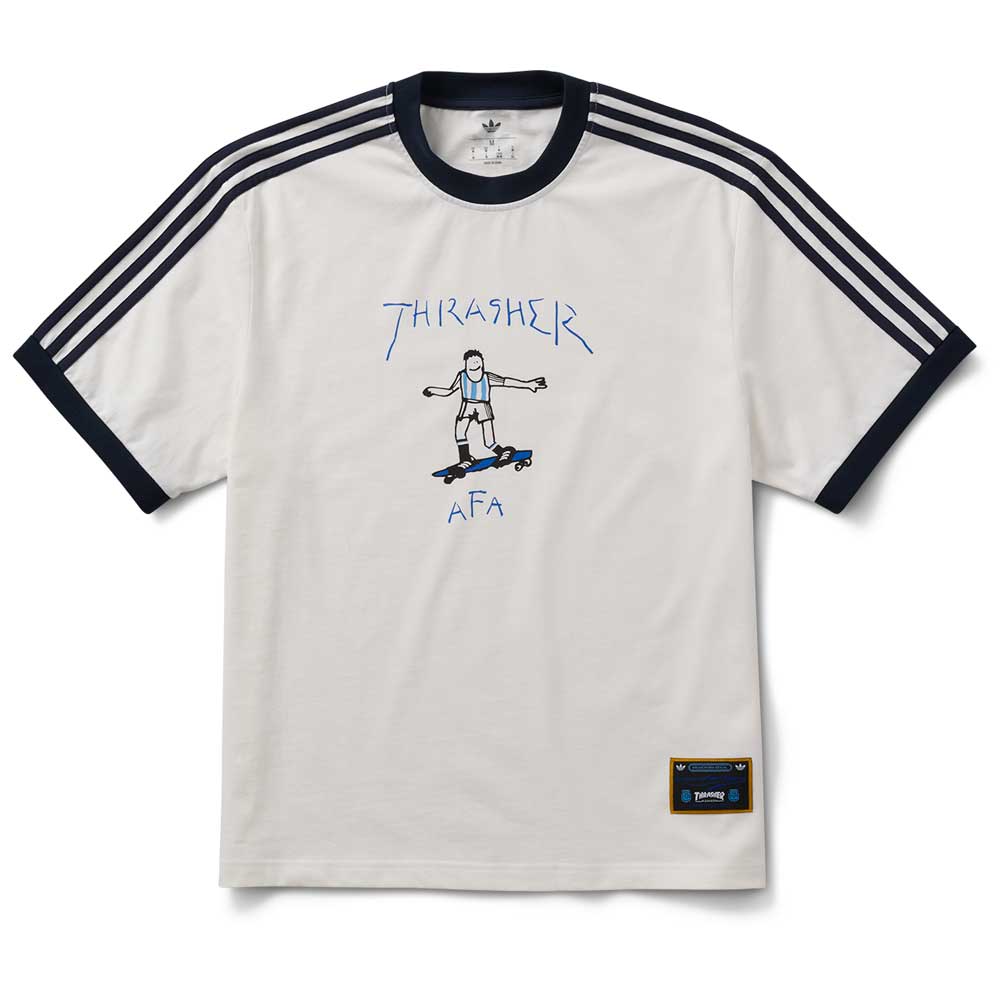 The Thrasher Magazine x Adidas AFA Tee White KX4548 features a black collar and sleeve trim, three-stripe details on the shoulders, a skateboarding graphic, and AFA blue lettering—part of the limited-edition adidas Skateboarding collaboration.