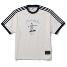 The Thrasher Magazine x Adidas AFA Tee White KX4548 features a black collar and sleeve trim, three-stripe details on the shoulders, a skateboarding graphic, and AFA blue lettering—part of the limited-edition adidas Skateboarding collaboration.