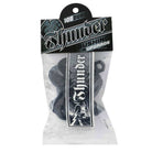 The Thunder Bushings Rebuild Kit 100A Durometer Black comes in a clear bag with black bushings, a Thunder sticker, and a header reading "Thunder Bushing Upgrade 100 Duro"—the perfect kit for refreshing your skateboard setup.