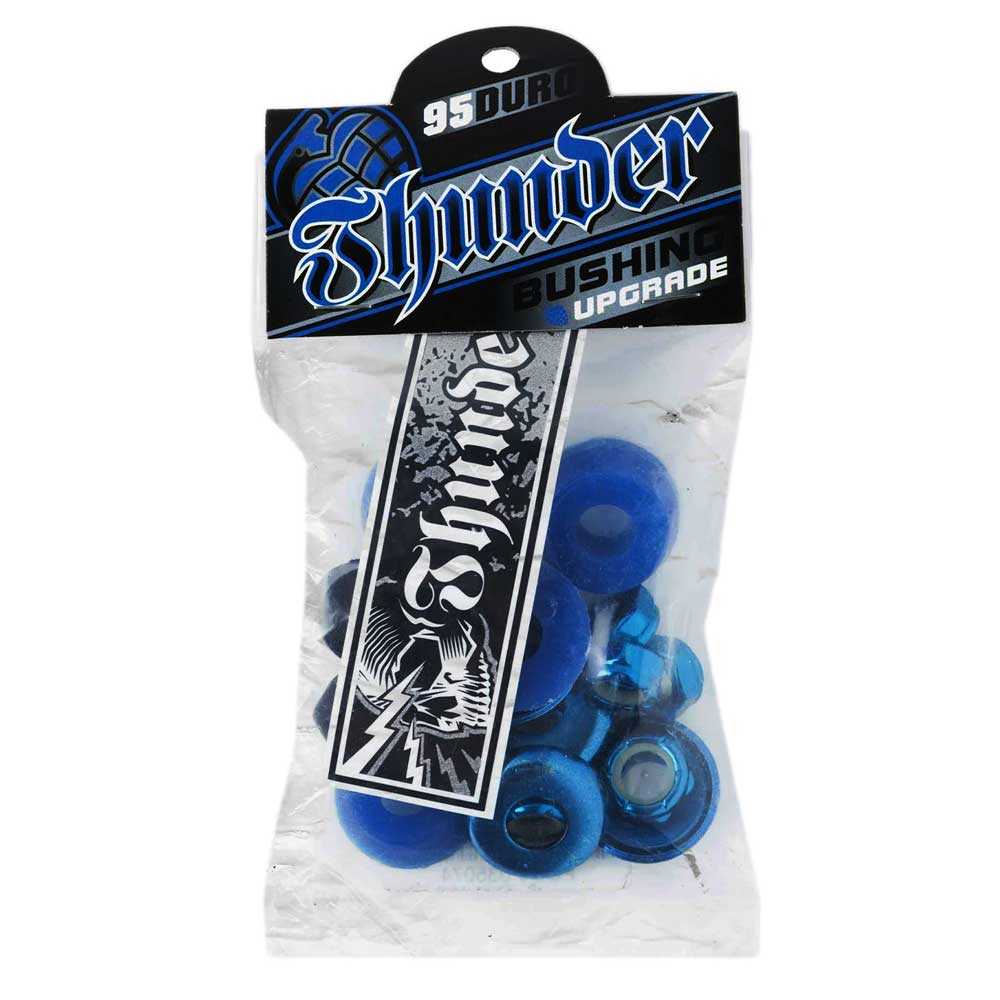The Thunder Bushings Rebuild Kit 95A Durometer Blue includes blue skateboard bushings and a Thunder logo sticker, ideal for refreshing your setup for both street and park skating.