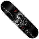 A Toby Dog Bit 8.25x32 Real Skateboard Deck in black, showcasing a swirling abstract white and gray design with red “TAGS” and “REAL” text, accented by broken silver chains at each end.
