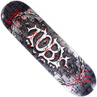 The Toby Ryan Pro Oval 8.06 Deck from Real Skateboards features a dark, graffiti-inspired design with bold barbed wire, brick patterns, and prominent “100” lettering. Red splatters highlight the mostly black, white, and gray colorway, reflecting the deck’s edgy street aesthetic influenced by Toby Ryan’s signature style.