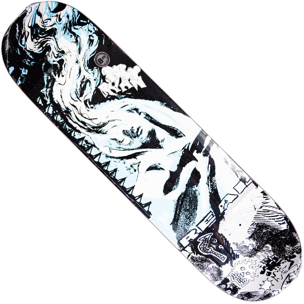 The Toby Ryan Pro Oval 8.25 Deck from Real Skateboards features abstract black, white, and light blue artwork with flowing lines, dynamic shapes, and a stylized face, showcased across the entire surface.