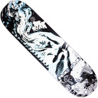 The Toby Ryan Pro Oval 8.25 Deck from Real Skateboards features abstract black, white, and light blue artwork with flowing lines, dynamic shapes, and a stylized face, showcased across the entire surface.
