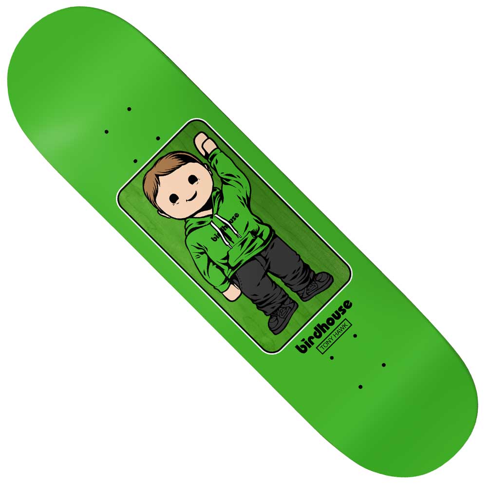 The Tony Hawk Toybox 8.12 Birdhouse Skateboards Deck features a green design with a cartoon figure in a green hoodie, black pants, and black shoes, standing and waving inside an outlined rectangle. The bottom displays the Birdhouse name alongside the Birdhouse Skateboards logo.