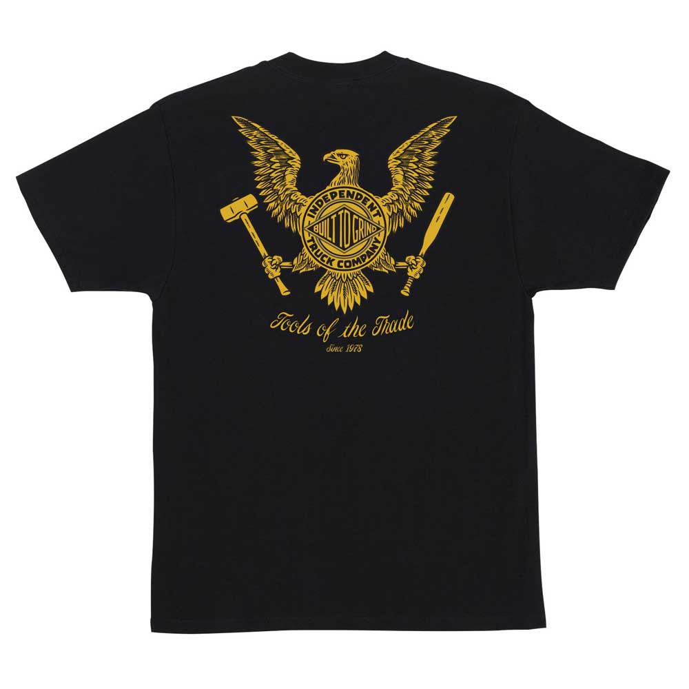 The Tools of the Trade S/S Heavyweight T-Shirt in black by Independent features a yellow eagle with a hammer and chisel around the classic logo and "Tools of the Trade Since 1978"—a must-have for men's skate style.