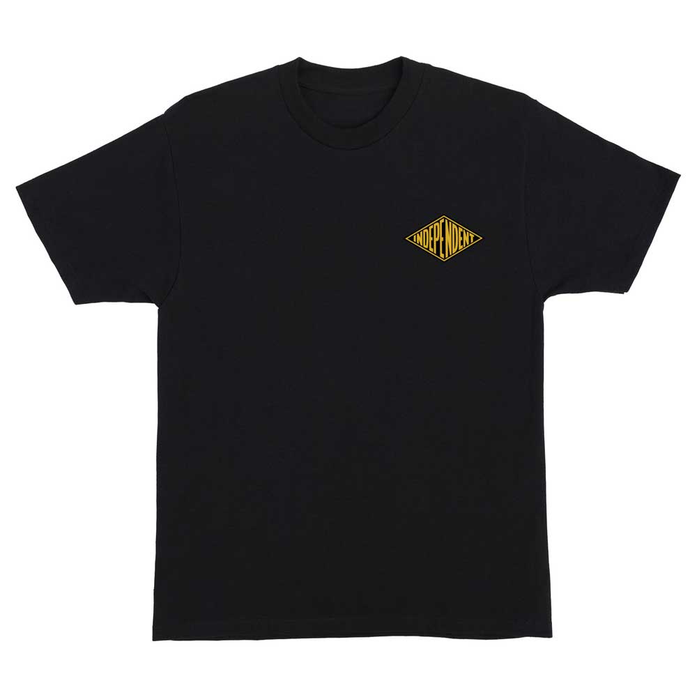 The Tools of the Trade S/S Heavyweight T-Shirt Black from Independent features a small yellow diamond-shaped INDEPENDENT logo on the left chest, making it a must-have staple in men's skate apparel.