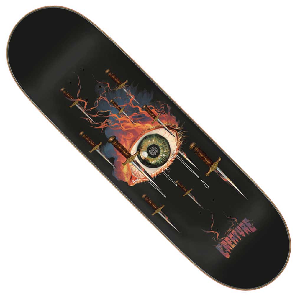 Introducing the Torres Eyes Pro Stumps 9.00in x 32.15in Creature Deck, expertly constructed from robust North American Maple. This deck showcases vivid artwork of a flaming green eye encircled by six daggers and red lightning, while the iconic Creature branding appears in stylized text at the lower right edge—making this skateboard truly distinctive.