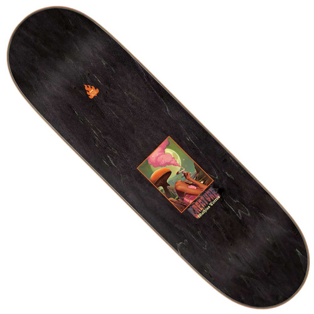 The Torres Eyes Pro Stumps 9.00in x 32.15in Creature Deck is a black skateboard deck made from durable North American Maple, featuring a vibrant, surreal graphic with mushrooms and a pink cloud at its center, and finished with a small orange logo near the top.