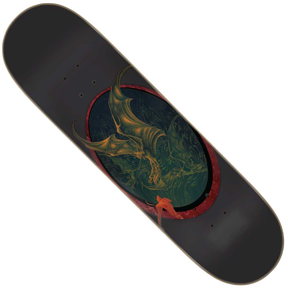 The Torres Guardian Pro Stumps 8.51in x 31.88in Creature Skateboard Deck features North American Maple, a black base, and a green dragon with large wings in a red-bordered oval atop a dark, swirling background.