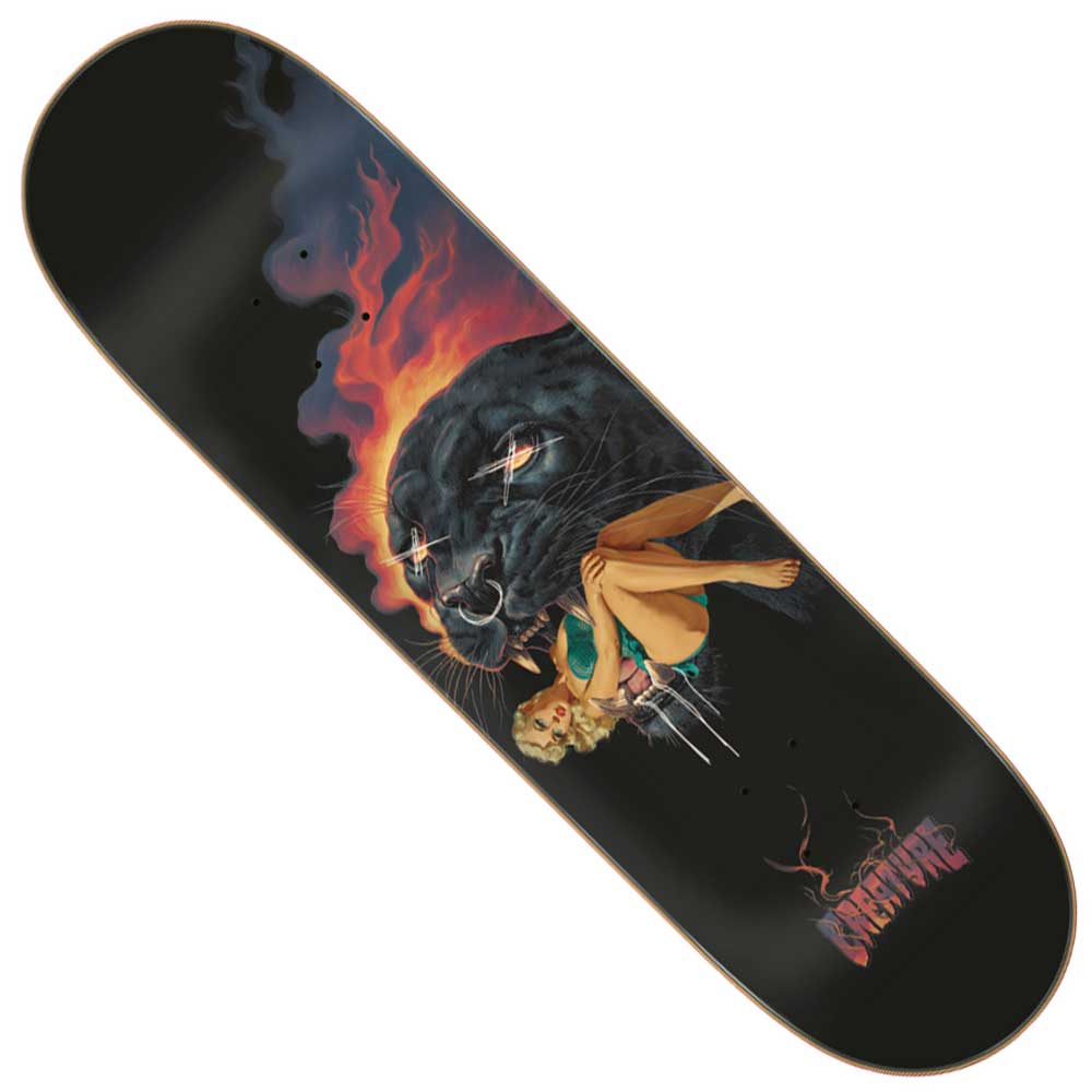 The Torres Jaguar Pro Stumps 8.51in x 31.88in Creature Deck features eye-catching artwork of a flaming black panther alongside a woman in a green bikini, with the word CREATURE displayed in stylized text at the bottom. Crafted from durable 7 ply North American Maple, this deck offers bold style and reliable performance for skateboarders.
