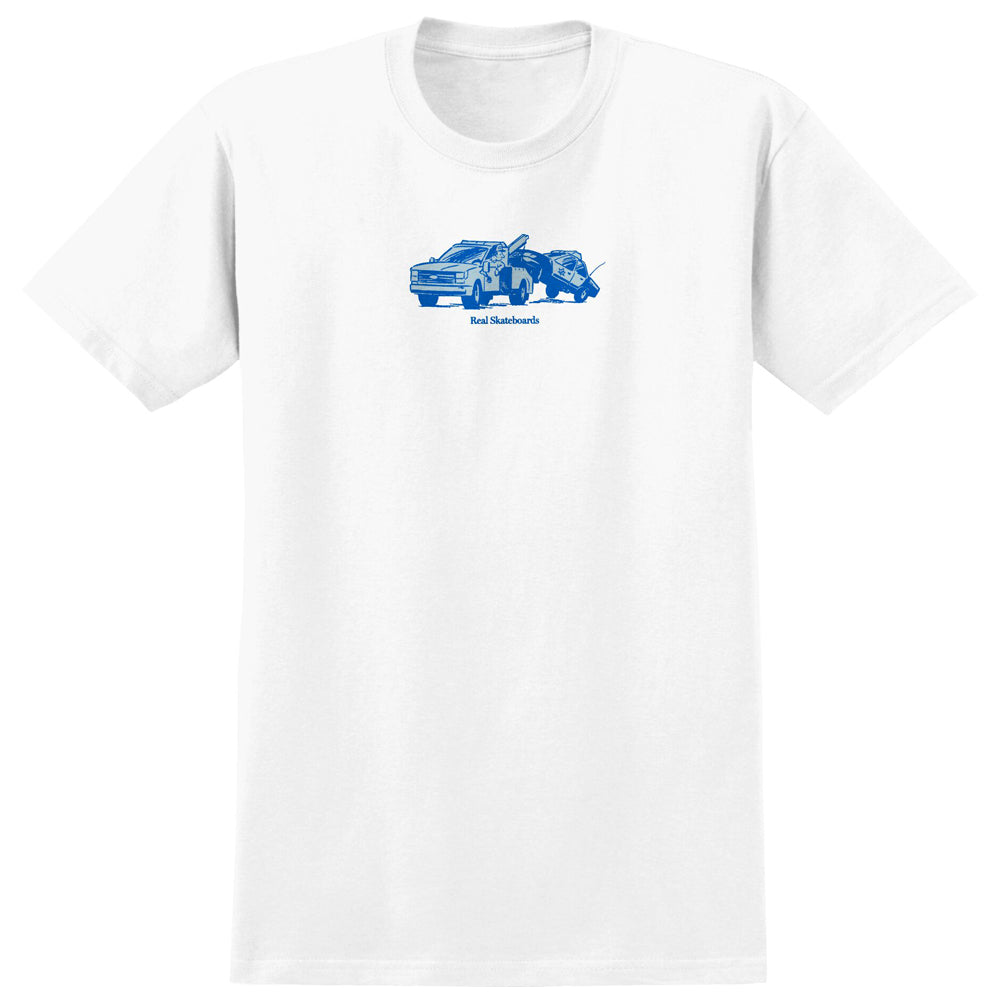 Tow White Blue Tonal White Real Skateboards Tee featuring a blue graphic of a tow truck pulling a car printed on the chest.