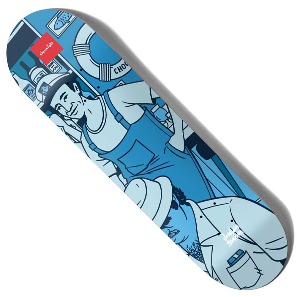 The Trahan Bar Series 3 8.25x31.87 Evan Hecox Chocolate Skateboards deck features blue-toned cartoon art of two men in hats and aprons, with nautical items such as a lifebuoy and background signage.