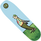 The Damion 8.5 TU Deck by Transportation Unit Skateboards features a cartoon character in green clothes and glasses, leaning forward against a blue and green background, with a small T.U. logo in the top left corner.