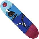 The Damion 8.5 TU Deck by Transportation Unit Skateboards features abstract art of two reaching hands, a light and dark blue diagonal split, a purple bottom section, and a red logo at the top left—ideal for any skateboard setup.