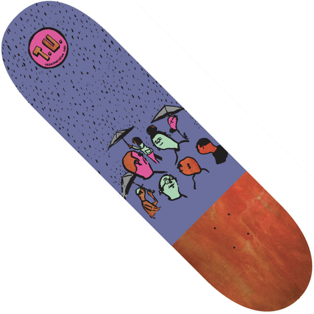 The Damion 8.5 TU Deck Transportation Unit Skateboards features a purple and orange design with cartoon figures holding green and pink umbrellas beneath raindrops, plus a "T.D.T. Theories of Atlantis" pink circle logo on the top left.
