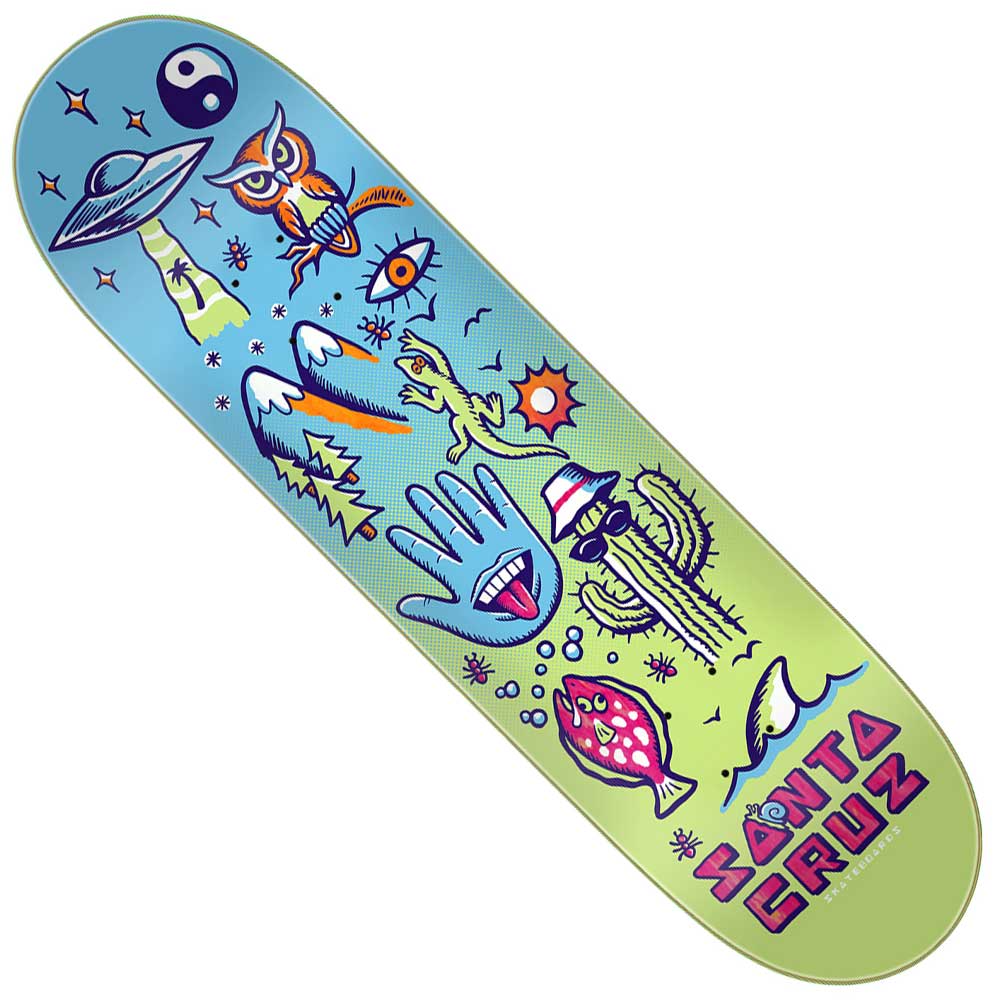 The Tripper FeelBase 7.75in x 30.25in Santa Cruz Skateboard Deck features vibrant graphics of an owl, UFO, eye, lizard, hand, cactus in sunglasses, and fish with bold pink "Santa Cruz" text on a blue-green gradient background.