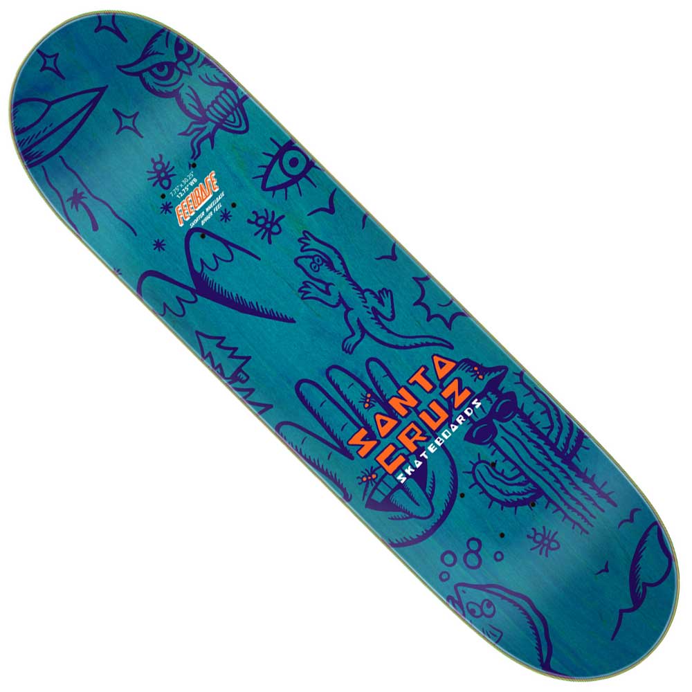 The Tripper FeelBase 7.75in x 30.25in Santa Cruz Skateboard Deck features bold blue doodle-style graphics—eyes, hands, cactus, abstract shapes—and large orange SANTA CRUZ lettering at the center.
