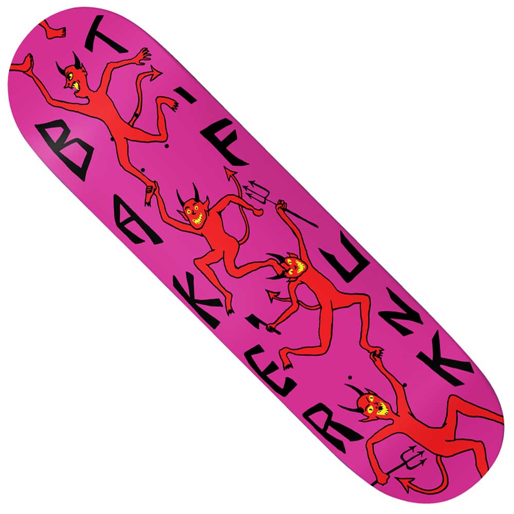 The Tristan T Funk Funkhouser 8.25x31.87 Devil Boi Baker Skateboard Deck features four red cartoon Devil Boi figures with yellow eyes, black pitchforks, and scattered stylized letters on a pink background.