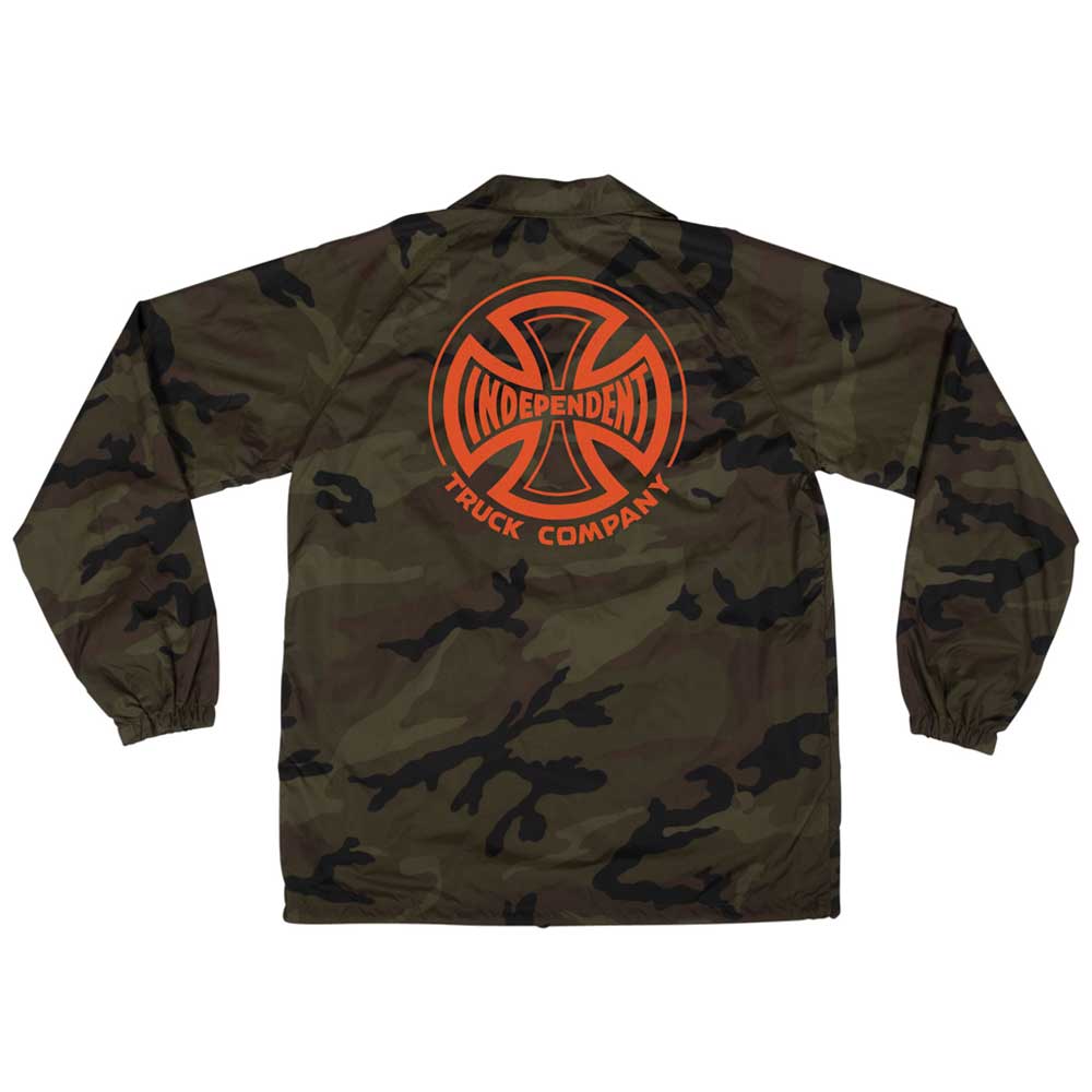 The Truck Co Legacy Coach Windbreaker Camo Orange by Independent is a men's long sleeve skate jacket with a bold orange back logo—ideal as a windbreaker or coach jacket for any skater.