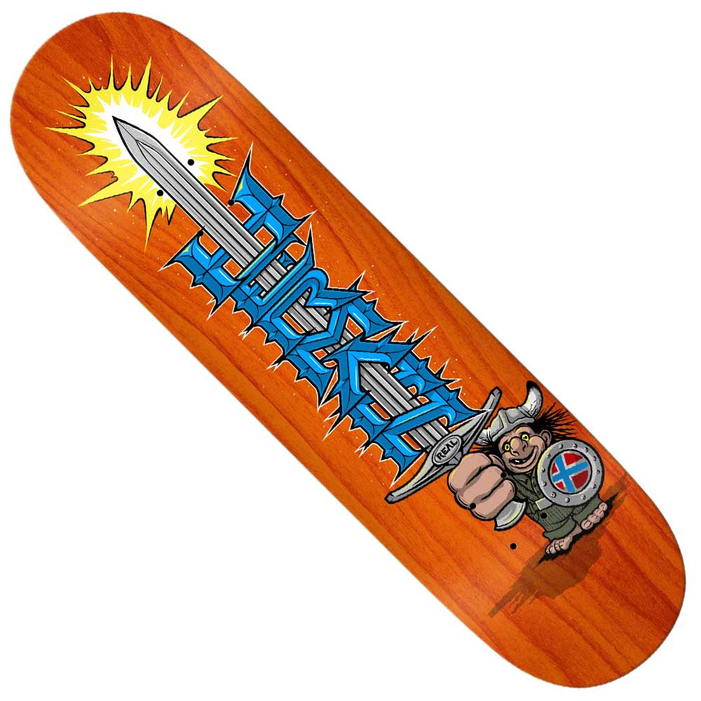 The True Fit Mighty 8.5x31.5 Hermann Real Skateboard Deck boasts a wood finish, cartoon viking with sword, jagged blue letters, and yellow starburst on the blade—crafted with a True Fit mold for comfort and performance.