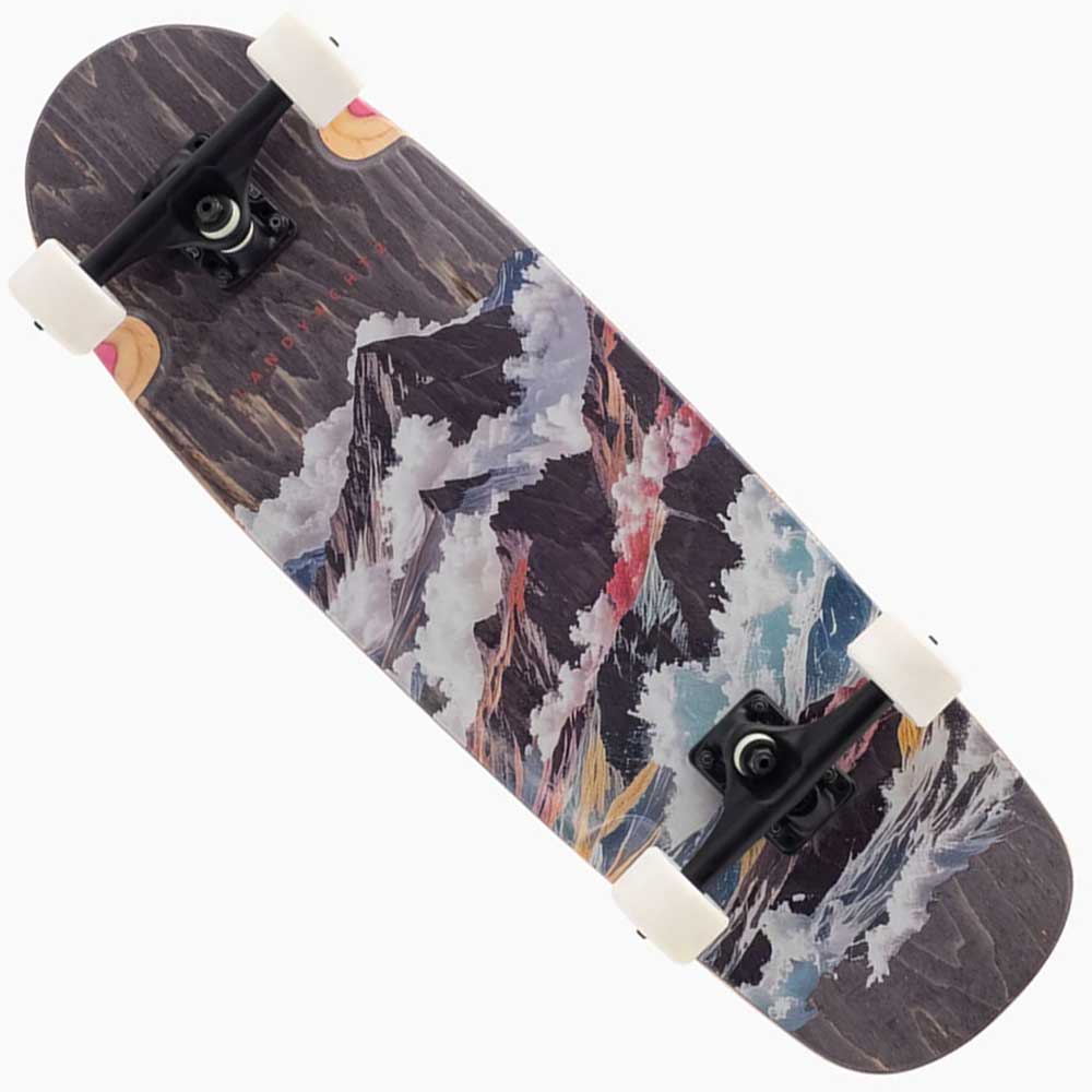 The Tugboat Atmosphere Landyachtz Complete Skateboard is a compact longboard with white wheels and a vibrant deck graphic of mountains, clouds, and abstract patterns. Ideal for urban carving and smooth rides.