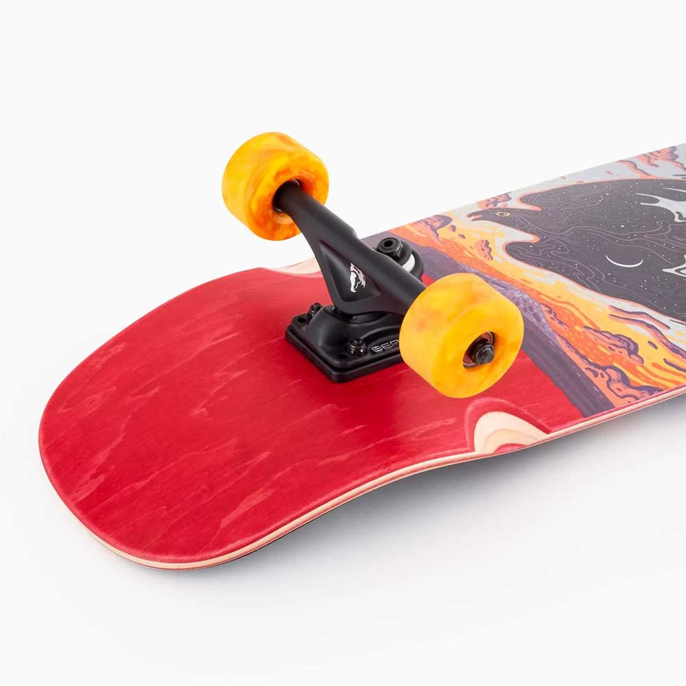 Close-up of the Tugboat Nightfall Landyachtz Complete Skateboard, featuring a red Canadian maple deck with colorful artwork, black truck, and bright yellow Hawgs wheels on a white background.
