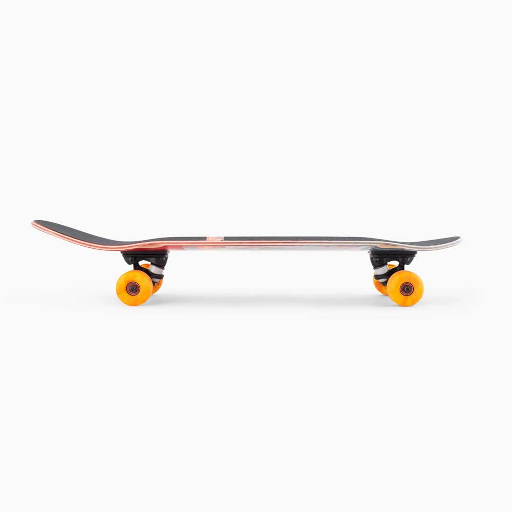A side view of the Tugboat Nightfall Landyachtz Complete Skateboard featuring a black Canadian maple deck and orange Hawgs wheels, set against a plain white background.