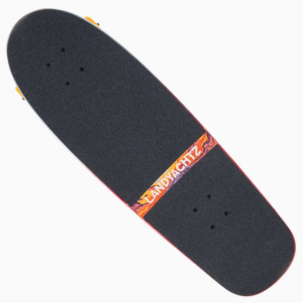 The Tugboat Nightfall Landyachtz Complete Skateboard features a Canadian maple deck with black grip tape and a vibrant strip near the middle, showcasing LANDYACHTZ in bold white and yellow letters—great for your cruiser board setup.