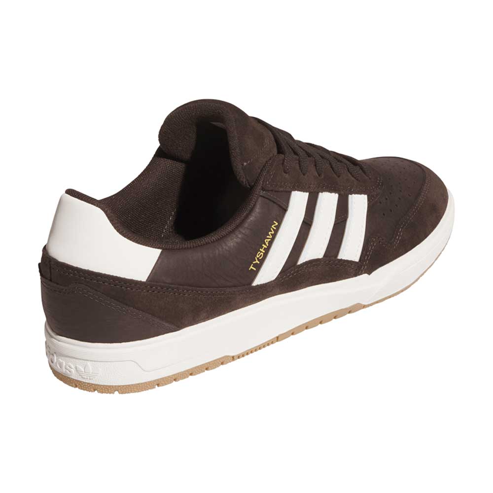 The adidas Tyshawn 2 II Brown White HQ4735 Skateboarding Shoe features white stripes, a gum sole, and gold "TYSHAWN" on the side, shown angled to highlight the heel and outer side.