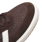 Close-up of the toe area of the Tyshawn 2 II Brown White HQ4735 Adidas Skateboarding Shoe, showing perforated leather, suede accents, brown laces, a white side stripe, and a white rubber sole.