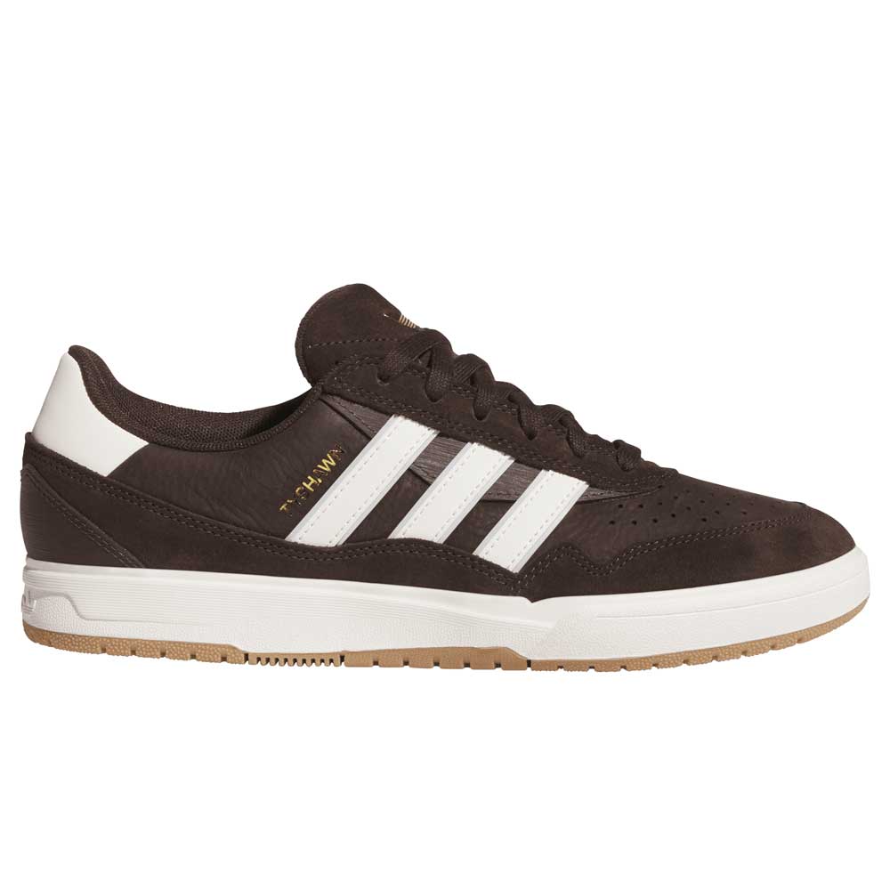 The Tyshawn 2 II Brown White HQ4735 Adidas Skateboarding Shoe features a brown upper, white stripes and heel, beige sole, and gold text by the stripes, shown in side profile on a plain white background.