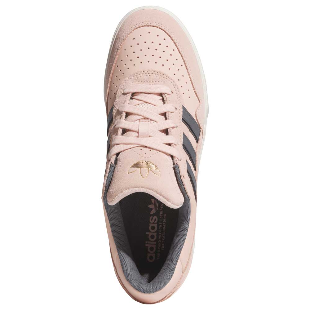 Top view of Tyshawn 2 II Pink Green HQ4733 Adidas Skateboarding Shoe, featuring light pink upper, black stripes, perforated toe, gray inner lining, and gold adidas logo on the tongue.
