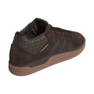 A Tyshawn HQ4740 Brown Gum Adidas Skateboarding suede shoe with black stripes and TYSHAWN in gold on the side, shown on a white background.