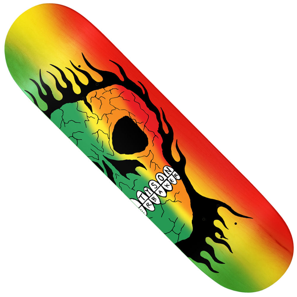 The Tyson Peterson Rasta 8.25x32.1 Baker Deck features a red, yellow, and green gradient background with a bold black cracked skull at the center and black flames radiating outward—a striking design inspired by Tyson Peterson.