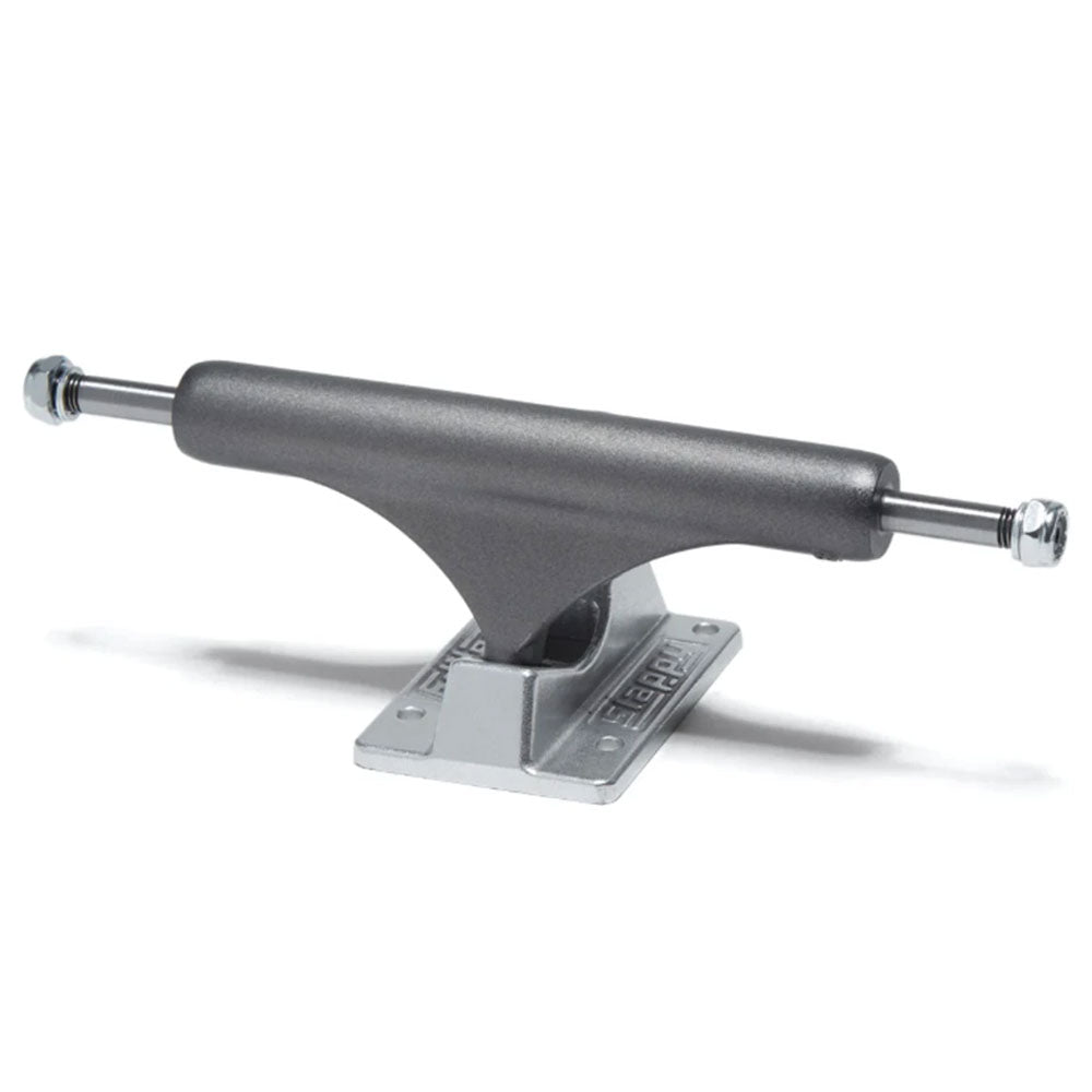 A pair of Ultra Low ST1 Inverted Hollow 8.0 Gunmetal Slappy Trucks, featuring a silver baseplate and a dark gray (gunmetal) hanger, sized at 8.0 inches, viewed from the side on a white background.