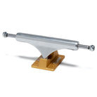 A set of Ultra Low ST1 Inverted Hollow 8.5 Gold Slappy Trucks (set of two) is displayed, featuring a silver hanger and a metallic gold baseplate against a white background. Designed to fit decks ranging from 8.3 to 8.6 inches, these skateboard trucks combine style with reliable performance.