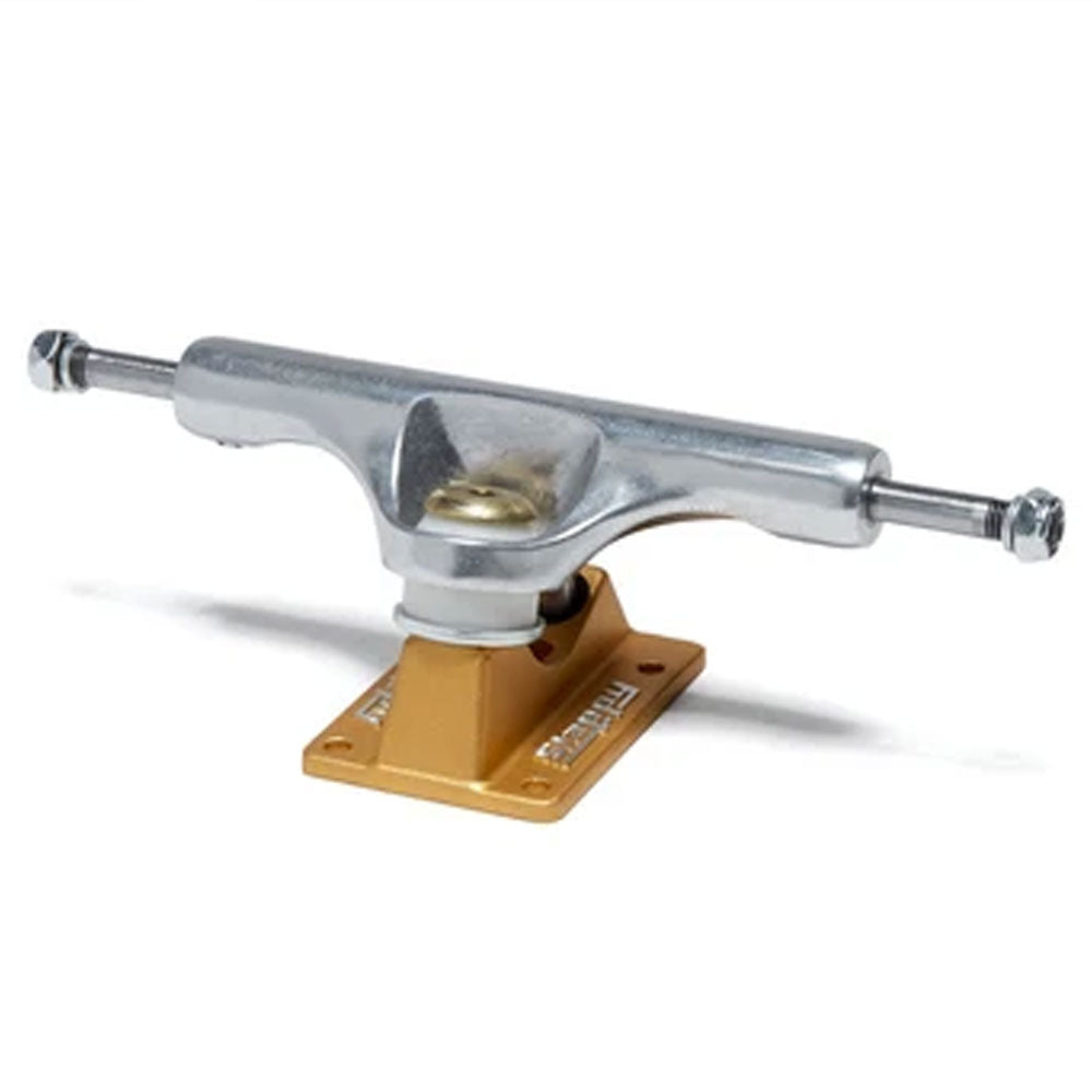 An Ultra Low ST1 Inverted Hollow 8.5 Gold Slappy Truck is featured against a white background, angled slightly from the side. Renowned for their durable construction, these trucks combine style and reliability in a set of two.