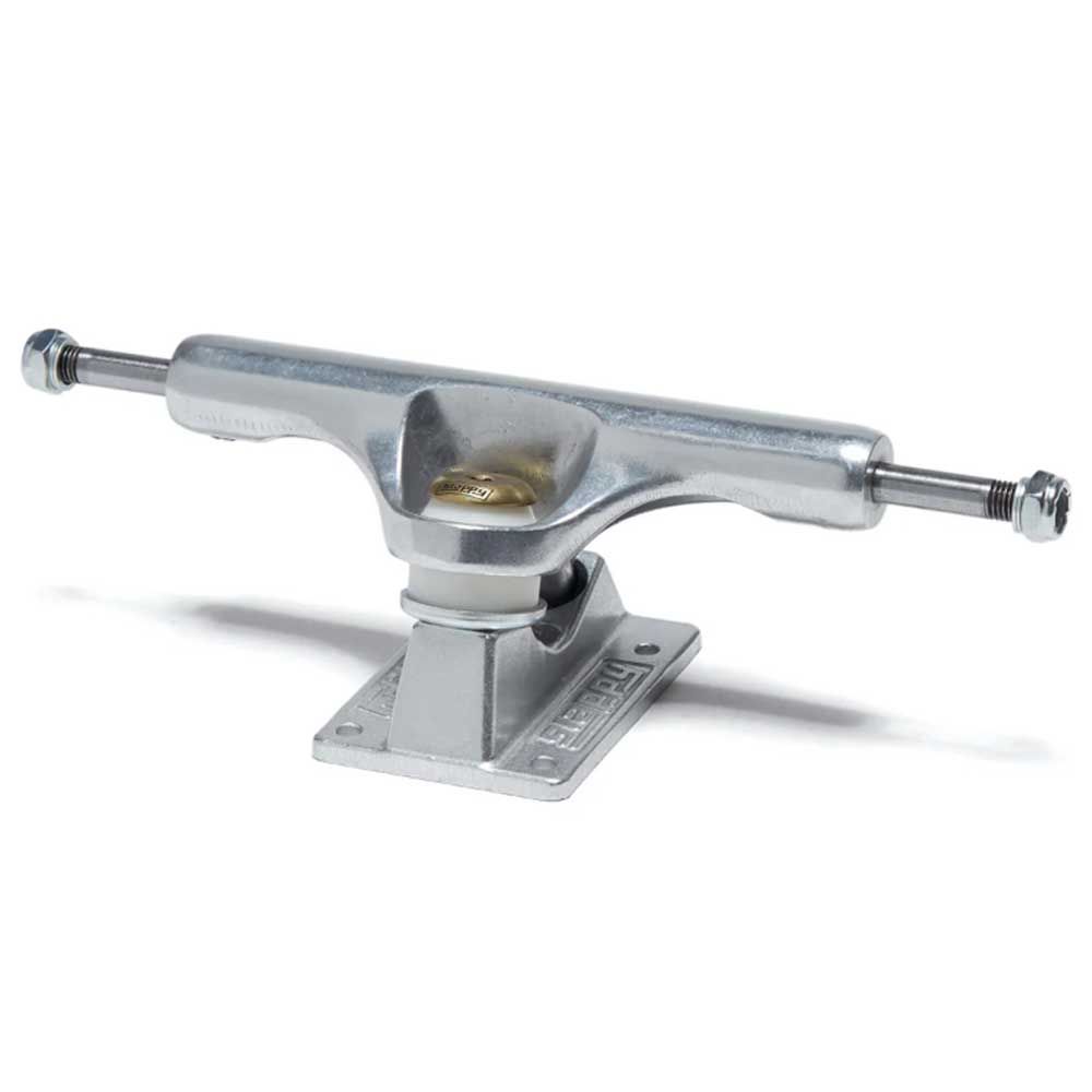 The BAM ST1 Classic Hollow 8.25 Slappy Trucks Set of TWO features silver skateboard trucks with flat baseplates, visible kingpins, central pivots, and axles for 8.1–8.3" boards, complete with end nuts—perfect for versatile skating setups.