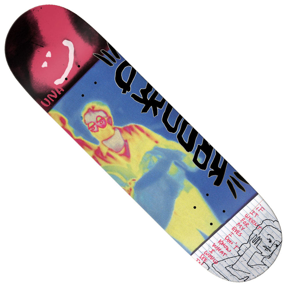 The Una Infared 8.28x31.7 Krooked Skateboards Deck features a vibrant, colorful design highlighted by a striking thermal image of people, bold black lettering, and a sketch of a person complemented by red Japanese text along the edge—perfectly capturing the unique Una Infared aesthetic.