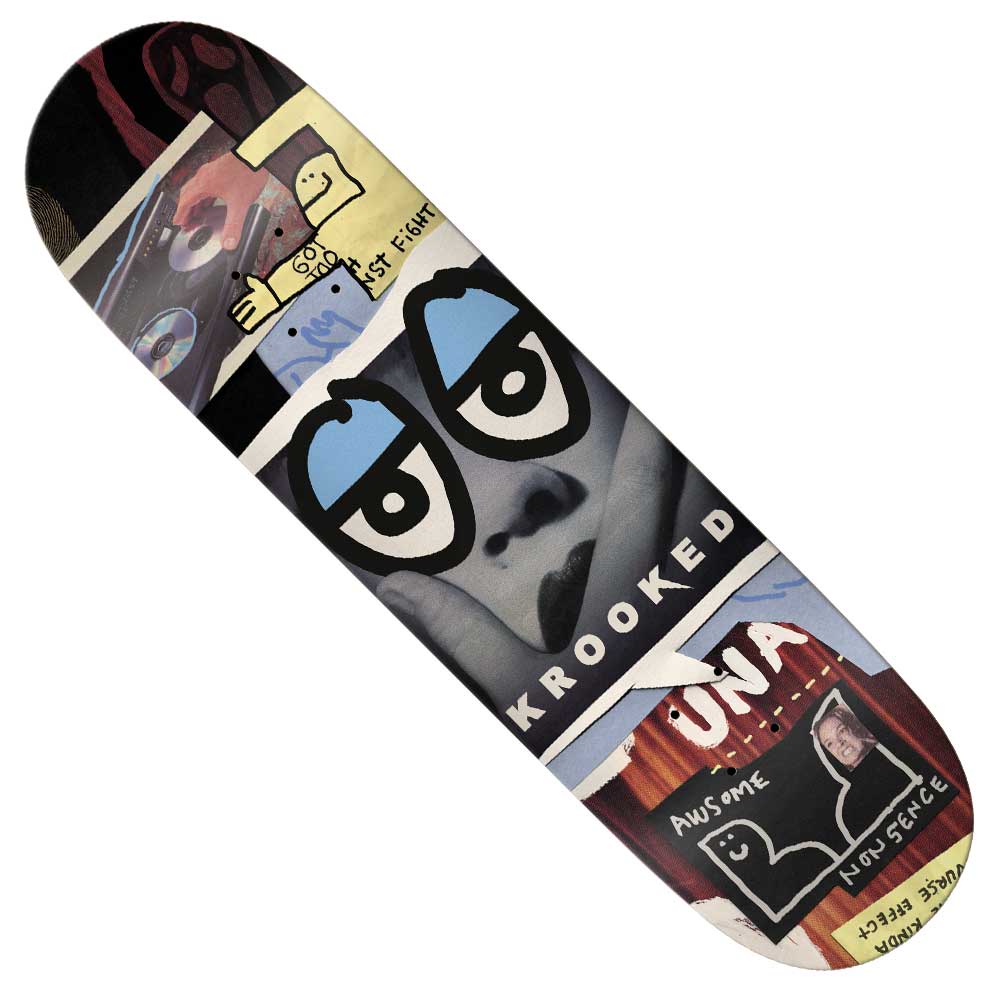 The Una Nonsence 8.28 Krooked Skateboards Deck showcases a collage graphic with cartoon eyes on a grayscale face, abstract shapes, doodles, handwritten words, and bold white KROOKED lettering across the center.