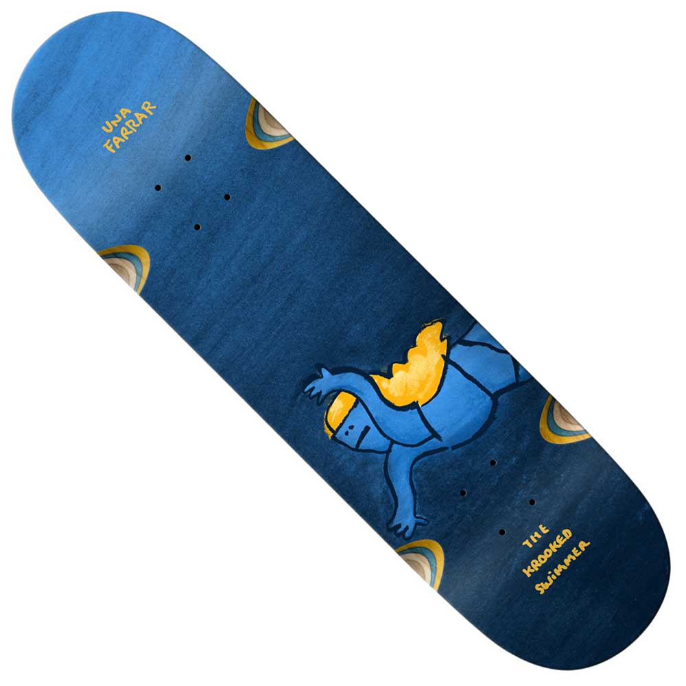 The Una Swimmer WW 8.28 Krooked Skateboards Deck features a blue design with a yellow-maned, blue animal lounging on its back, accompanied by yellow "Una Farrar" and "The Krooked Sweater" text near the top and bottom edges, highlighting the playful creativity of Krooked Skateboards.