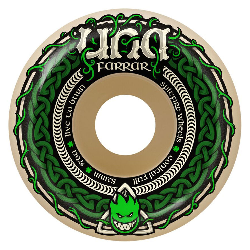 Introducing the Una Trinity 52mm 97A F4 Spitfire Wheels—a skateboard wheel featuring green Celtic knot designs, the name Farrar, phrases like “Spitfire Wheels,” “Formula Four,” and “Live to Burn,” plus a green cartoon flame face at the bottom. With a 97A durometer, these wheels deliver versatile performance for all types of skateboarding.