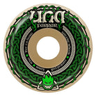 Introducing the Una Trinity 52mm 97A F4 Spitfire Wheels—a skateboard wheel featuring green Celtic knot designs, the name Farrar, phrases like “Spitfire Wheels,” “Formula Four,” and “Live to Burn,” plus a green cartoon flame face at the bottom. With a 97A durometer, these wheels deliver versatile performance for all types of skateboarding.