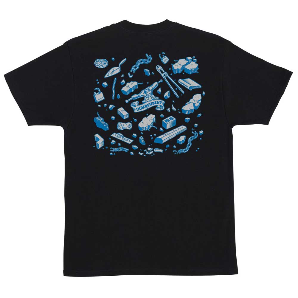 Under The Bridge Heavyweight T-Shirt Black Independent—men’s regular fit with a back graphic of scattered blue and white illustrations (electronics, snacks, gadgets) around a HIDDEN PARTY label; perfect for skateboarding.