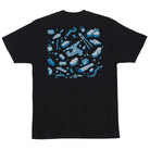 Under The Bridge Heavyweight T-Shirt Black Independent—men’s regular fit with a back graphic of scattered blue and white illustrations (electronics, snacks, gadgets) around a HIDDEN PARTY label; perfect for skateboarding.