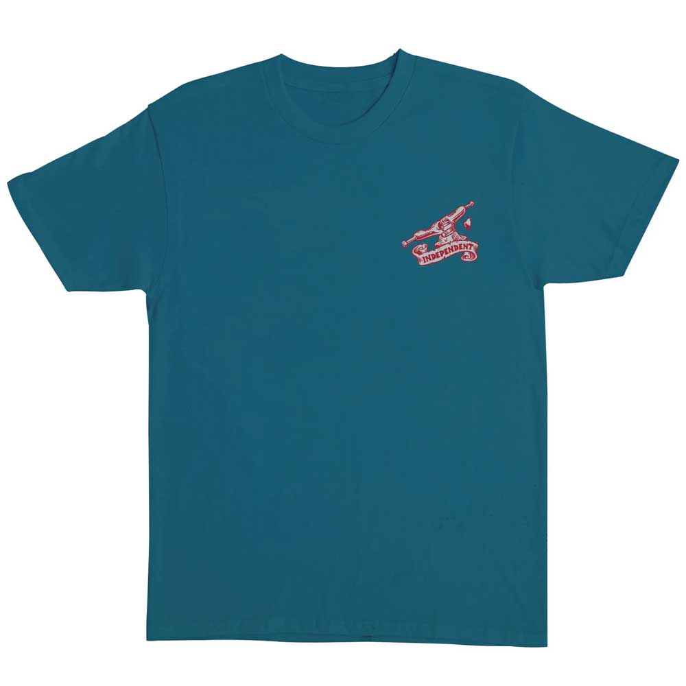 The Under The Bridge Heavyweight T-Shirt in Galapagos Blue by Independent features a small red and white skateboarder graphic with “SKATEBOARDING” on the upper left chest—ideal for fans of Independent Trucks.