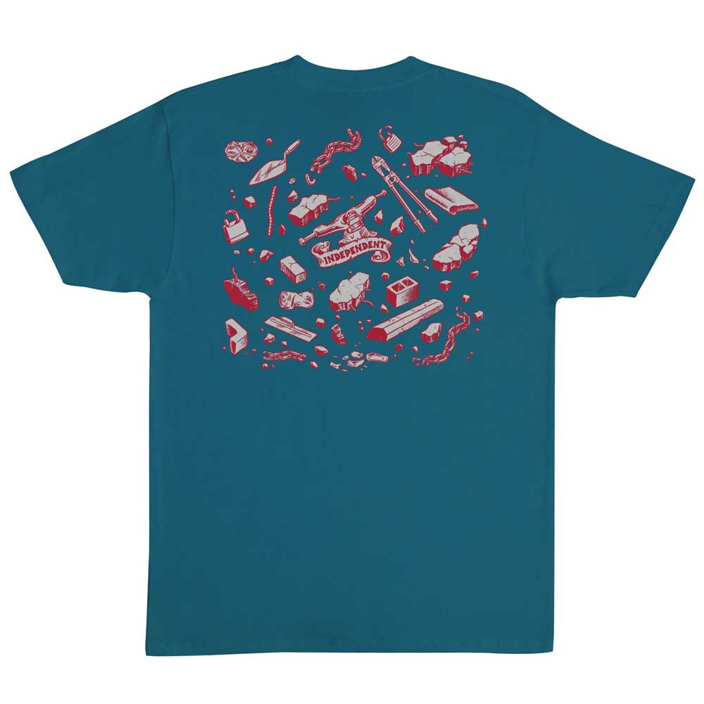 The Under The Bridge Heavyweight T-Shirt in Galapagos Blue by Independent features a bold back graphic with skateboarding items and the iconic INDEPENDENT logo—perfect for fans of Independent Trucks.